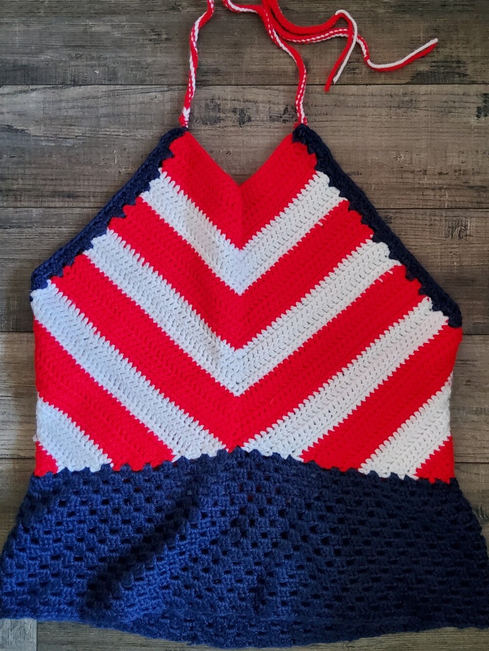 Handmade 70s Red White and Navy Chevron Crochet HALTER Top
